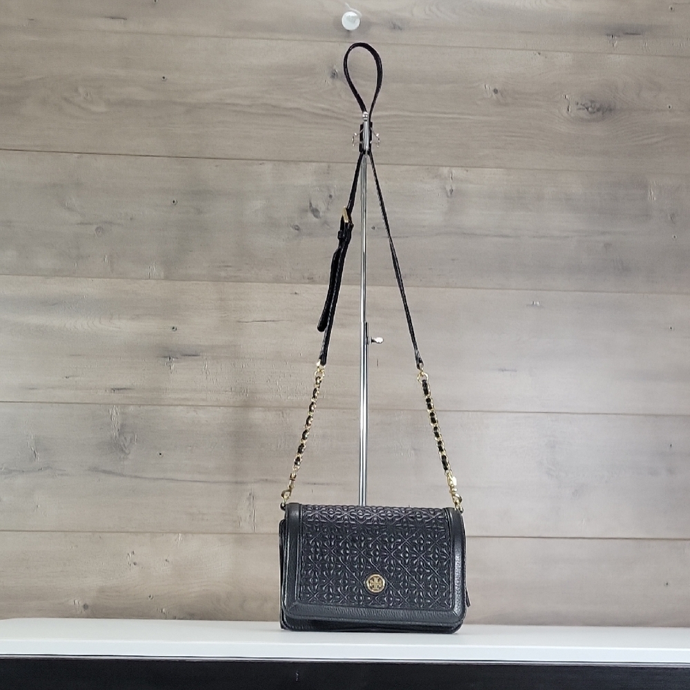 Tory Burch Black Quilted Leather Crossbody Bag with Gold Chain
